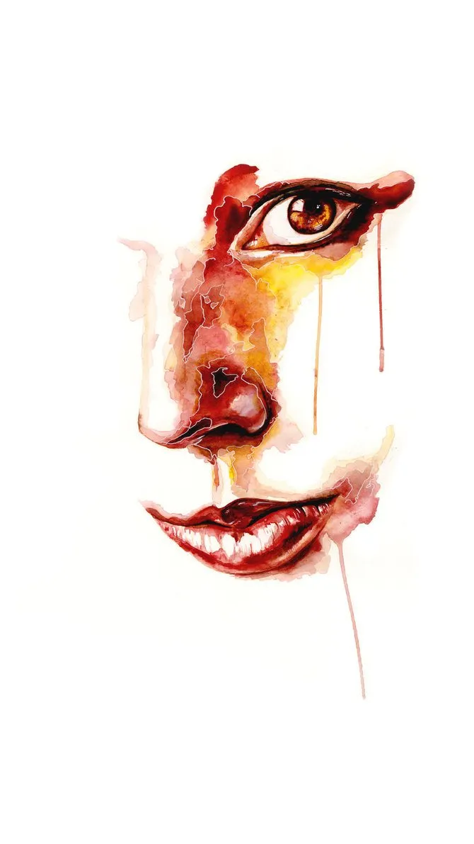 Watercolor of a face in warm reds and ochres, only the eye, nose and lips drawn in, with paint running down