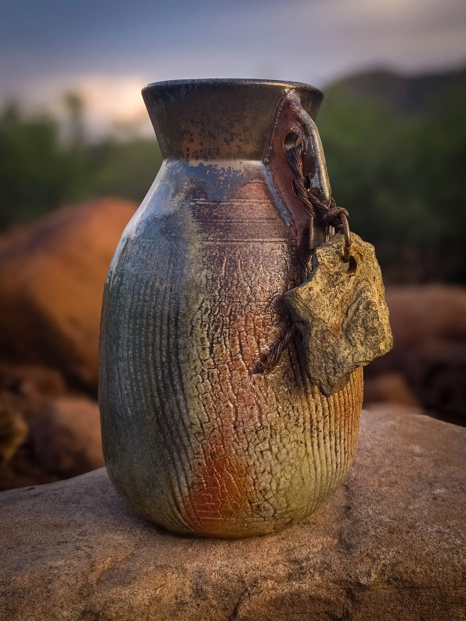 A small wood-fired vase with an ash-glazed surface and a leather tie, on a rock
