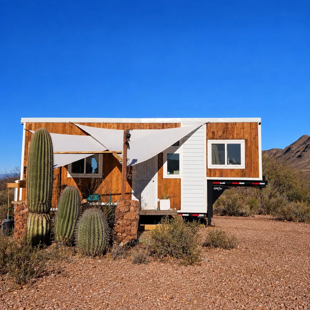The tiny house on wheels at the Arizona homestead, surrounded by cactus